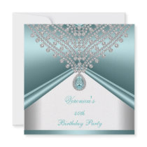 40th Birthday Party Teal Blue White Diamonds Announcements