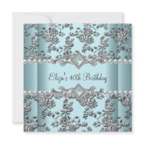 40th Birthday Party Teal Blue White Pearl Silver Announcements