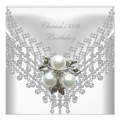 40th Birthday Party White Pearl Diamond Jewel Custom Invitation