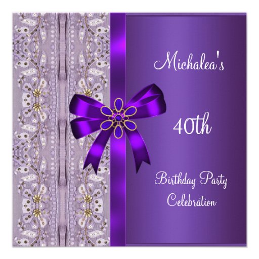 40th Birthday Purple Gold Floral Jewel Bow Invites