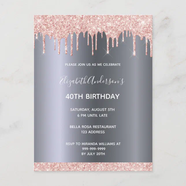 40th Birthday Rose Gold Glitter Drips Invitation Postcard Zazzle