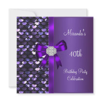 40th Birthday Sequins Purple Diamond Bow Personalized Invitation