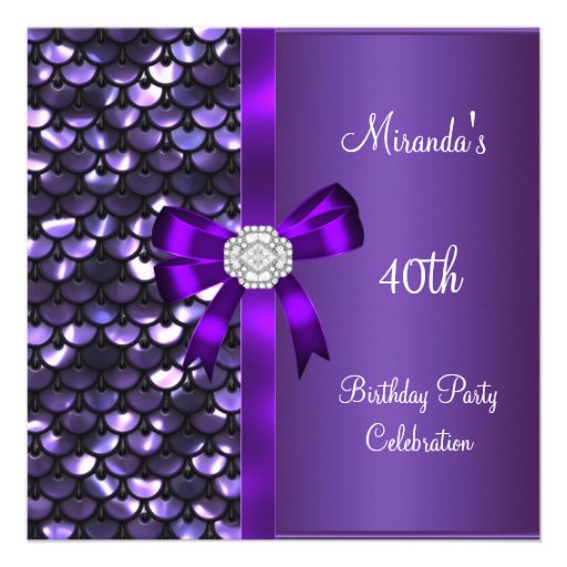 40th Birthday Sequins Purple Diamond Bow Personalized Invitation (front side)
