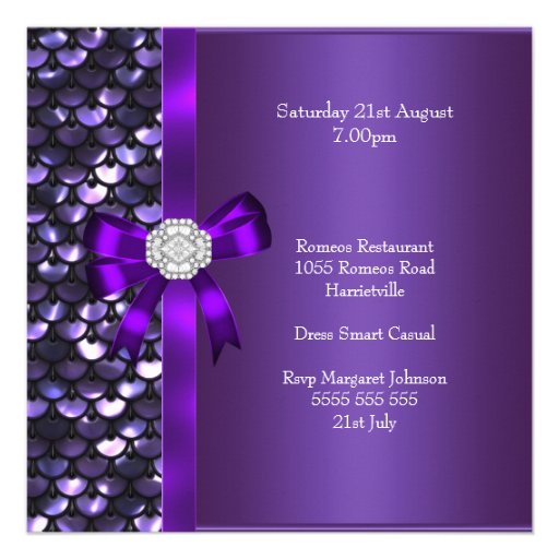 40th Birthday Sequins Purple Diamond Bow Personalized Invitation