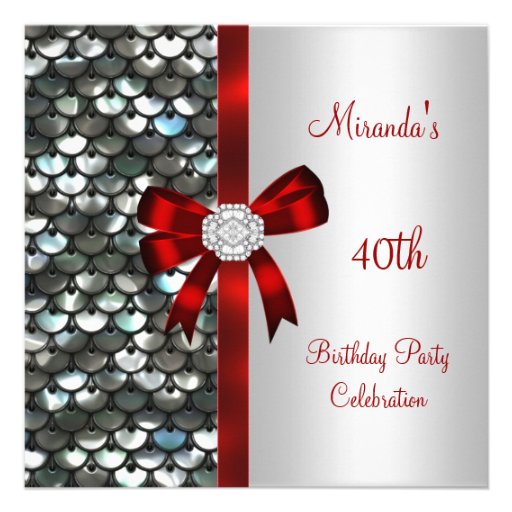 40th Birthday Silver Sequins Red Diamond Bow Custom Invites