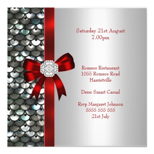 40th Birthday Silver Sequins Red Diamond Bow Custom Invites