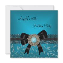40th Birthday Teal Blue Floral Black Bow Jewel Personalized Announcement