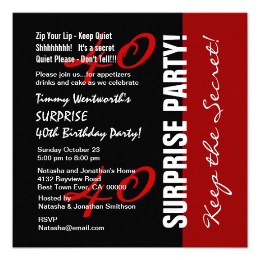 40th SURPRISE Birthday Black Red White W1895 Personalized Invitations