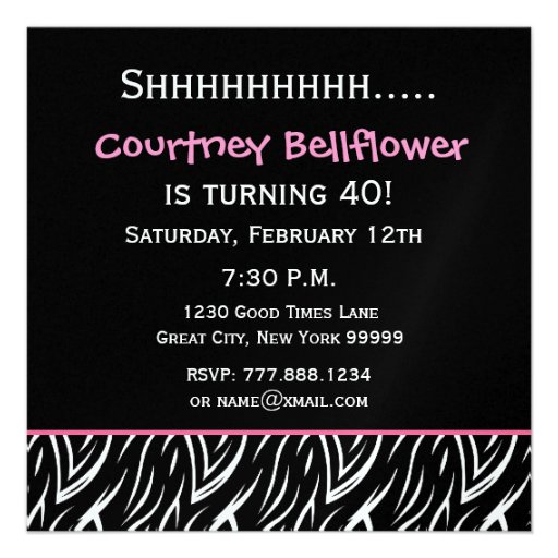 40th Surprise Birthday Black White Zebra Flames Personalized Announcements