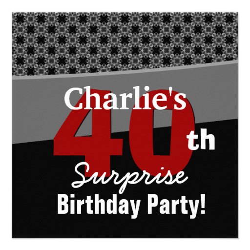 40th Surprise Birthday Modern Black White Red Gray Invite
