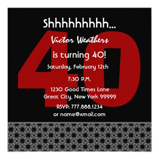 40th Surprise Birthday Modern Black White Red V04 Custom Invites