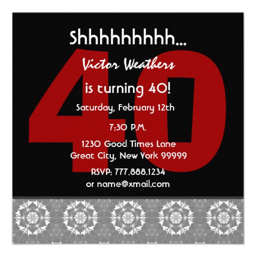 40th Surprise Birthday Modern Black White Red V13 Custom Invites