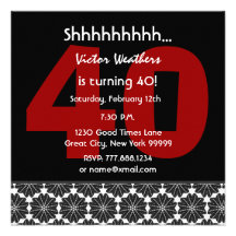 40th Surprise Birthday Modern Black White Red V34 Custom Invites