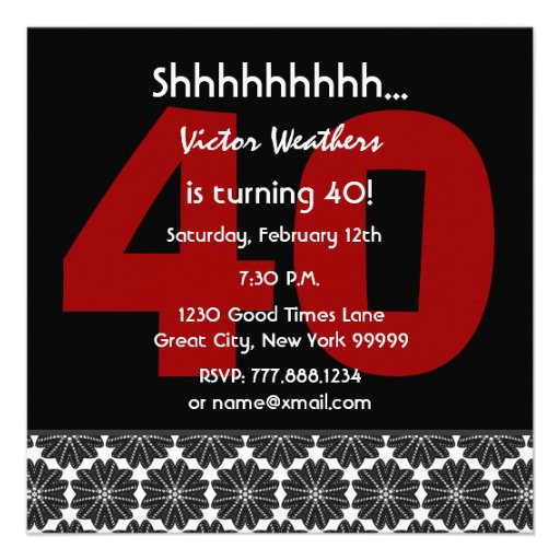 40th Surprise Birthday Modern Black White Red V34 Custom Invites
