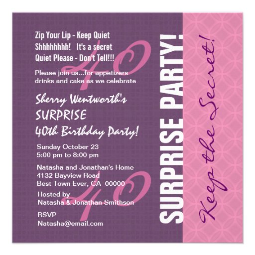 40th SURPRISE Birthday Purple and Pink Pattern Custom Announcement