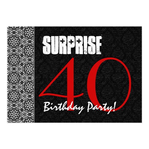 40th Surprise Birthday Red Black White Pattern Invitations