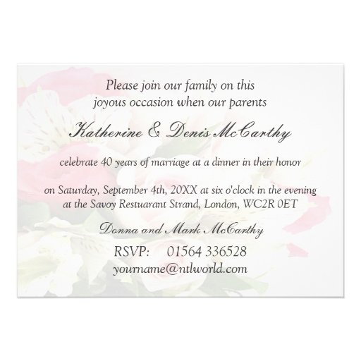 40th Wedding Anniversary.  Roses and lilies Custom Invite