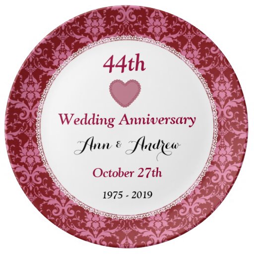 44th Wedding Anniversary Ruby Red Damask W40E Plate Zazzle