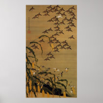4. 秋塘群雀図, 若冲 Flock of Sparrows, Jakuchū Poster