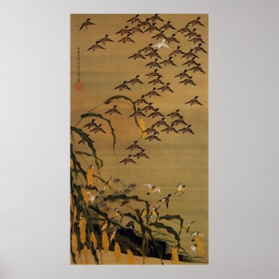 4. 秋塘群雀図, 若冲 Flock of Sparrows, Jakuchū Poster by ukiyoemuseum