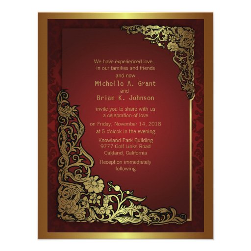 4.25x5.5" Damask Luxury Golden Red Wedding Invite