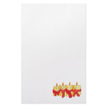 4 golden candles with red scarf and stars stationery design
