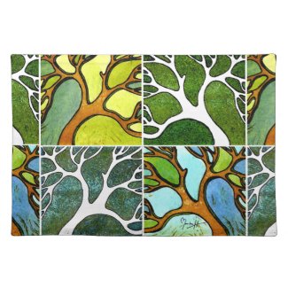 4 Hand Carved Trees in Watercolor and Pen &amp; Ink Place Mats