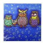 4 Owls on Wire Whimsical Folk Art Tile