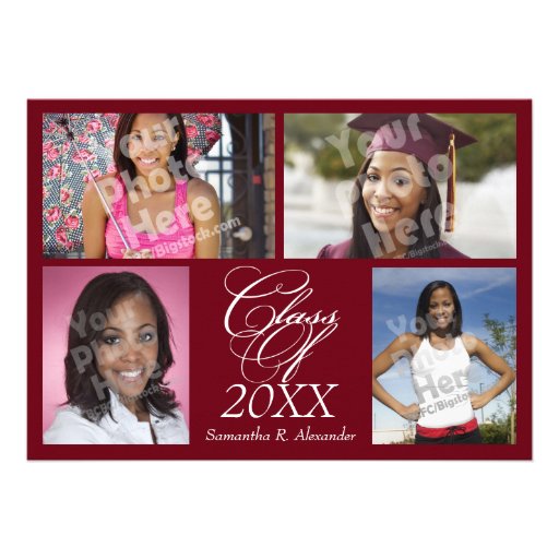 4-Photo Collage Burgundy Graduation/Party Personalized Announcements