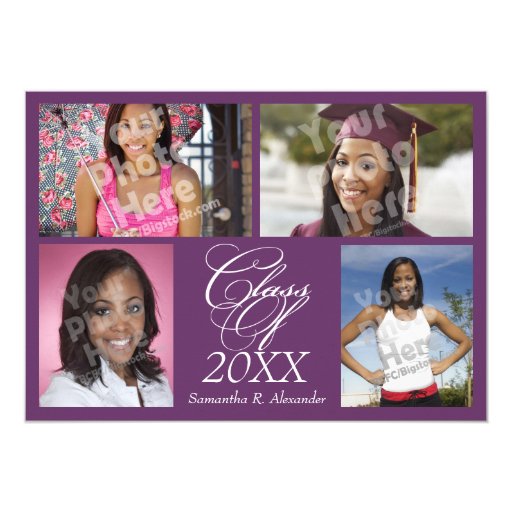4-Photo Collage Purple Graduation Announcement 5" X 7" Invitation Card (front side)