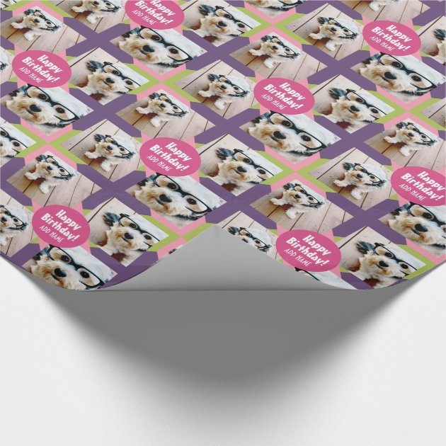 4 Photo Collage with Custom Happy Birthday Name Wrapping Paper 4/4