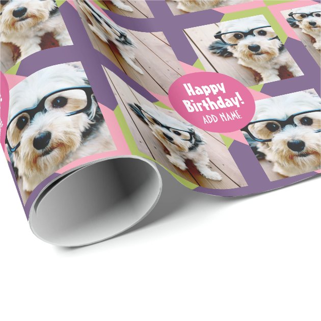 4 Photo Collage with Custom Happy Birthday Name Wrapping Paper 3/4