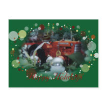 4 toy tractors at christmas post card