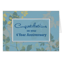 4 Year Employee Anniversary, Blue, Leaves Greeting Card