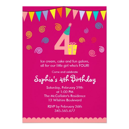4th Birthday Girl's Cute Pink Party Invitation