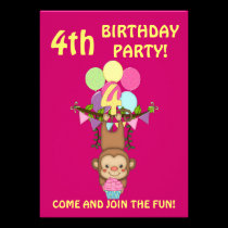 4th Birthday Party-Cute Monkey+Colorful Balloons invitations