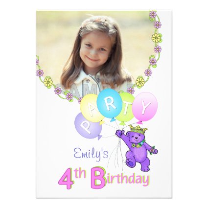 4th Birthday Party Princess Bear Custom Photo Invitations