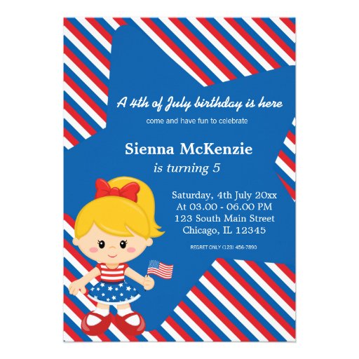 4th of July birthday girl Custom Announcements (front side)