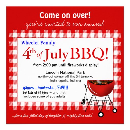 4th of July Family Reunion Picnic BBQ Cookout Custom Invitation