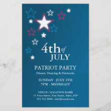 4th of July Patriot Party Flyer - Customizable flyer template with patriotic theme for Independence Day / 4th of July celebration party, featuring American stars on red, white and blue.