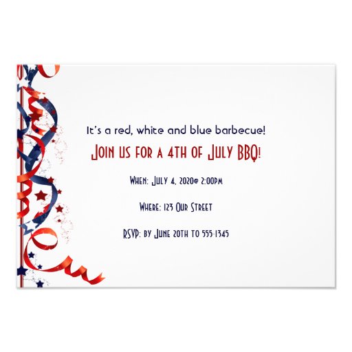 4th of July Red White and Blue Ribbons and Stars Personalized Invites