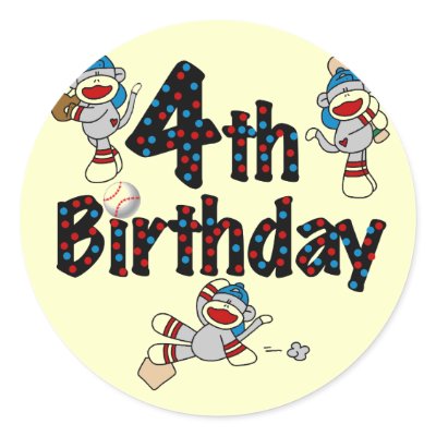 4th Sock Monkey Baseball Birthday Round Stickers by kids_birthdays