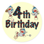 4th Sock Monkey Baseball Birthday Round Stickers