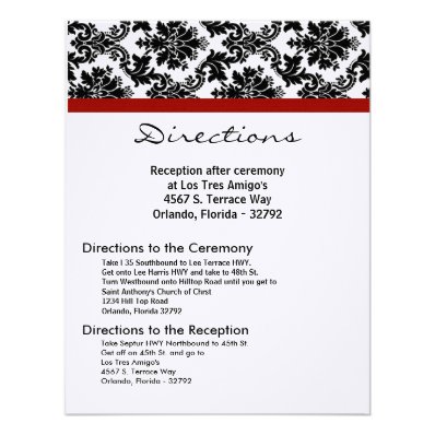 4x5 Directions Card Black Damask Red Reception Invitation