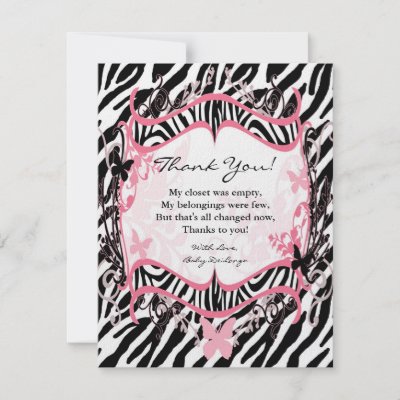 4x5 FLAT Thank you Card Girl Butterfly Zebra Print Invitations by 