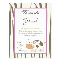 4x5 FLAT Thank You Card Jacana Girl Jungle Zoo Announcement