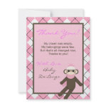 4x5 FLAT Thank you Card Pink Argyle Sock Monkey Custom Announcement