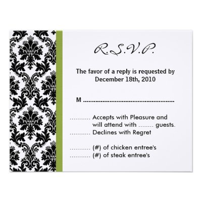 4x5 R.S.V.P. Reply Card - Black Damask Green RSVP Invitations