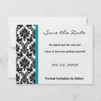 4x5 Save the Date Card - Black Damask &amp; Teal Turqu Invitations