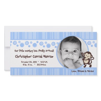 4x8 Blue Boy Pop Monkey Photo Birth Announcement Custom Photo Card by AnnLeeDesigns